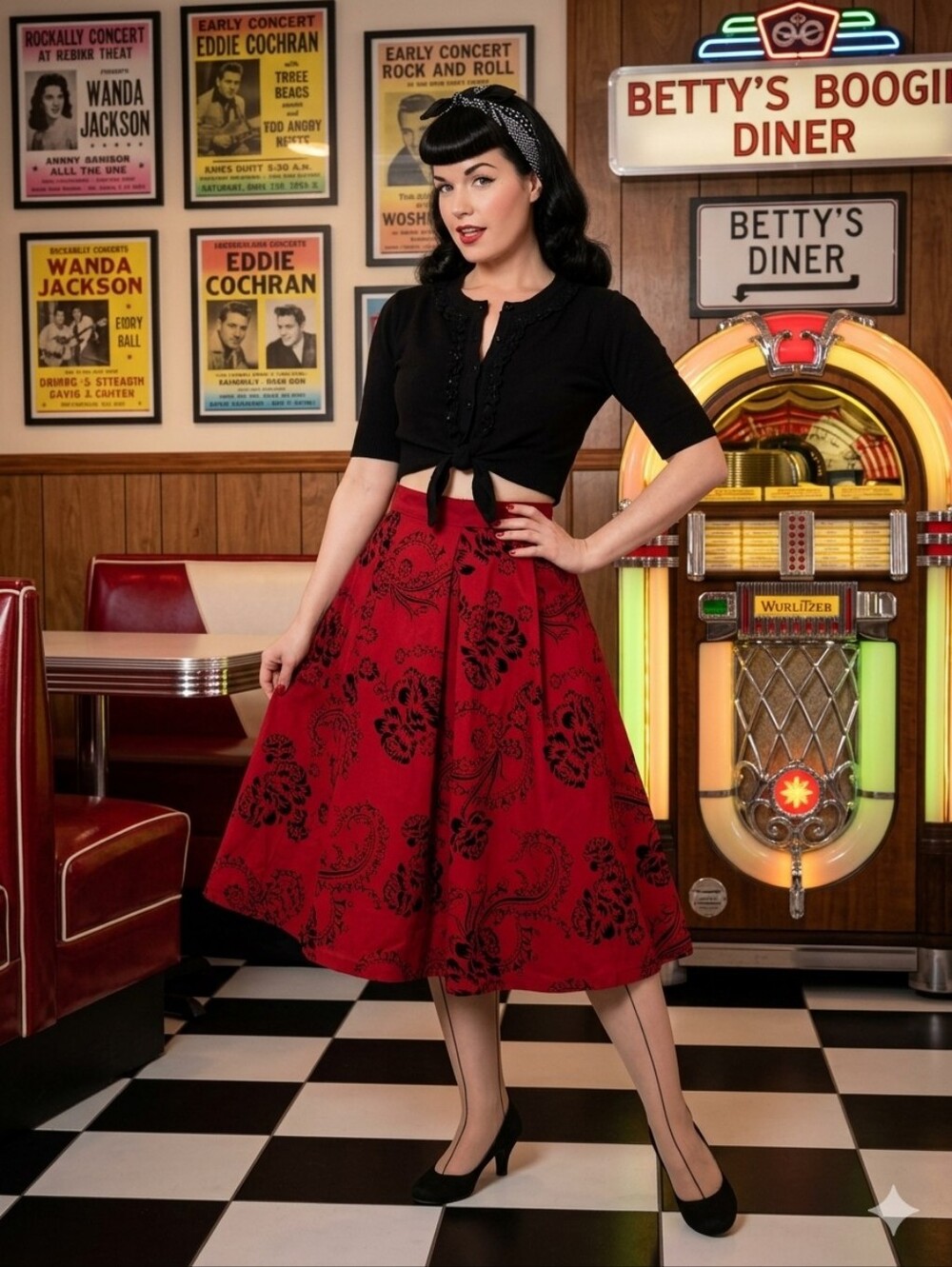 Bettie Page by Tatyana Red & Black Flocked Floral Swing Skirt, VGUC, Size XL